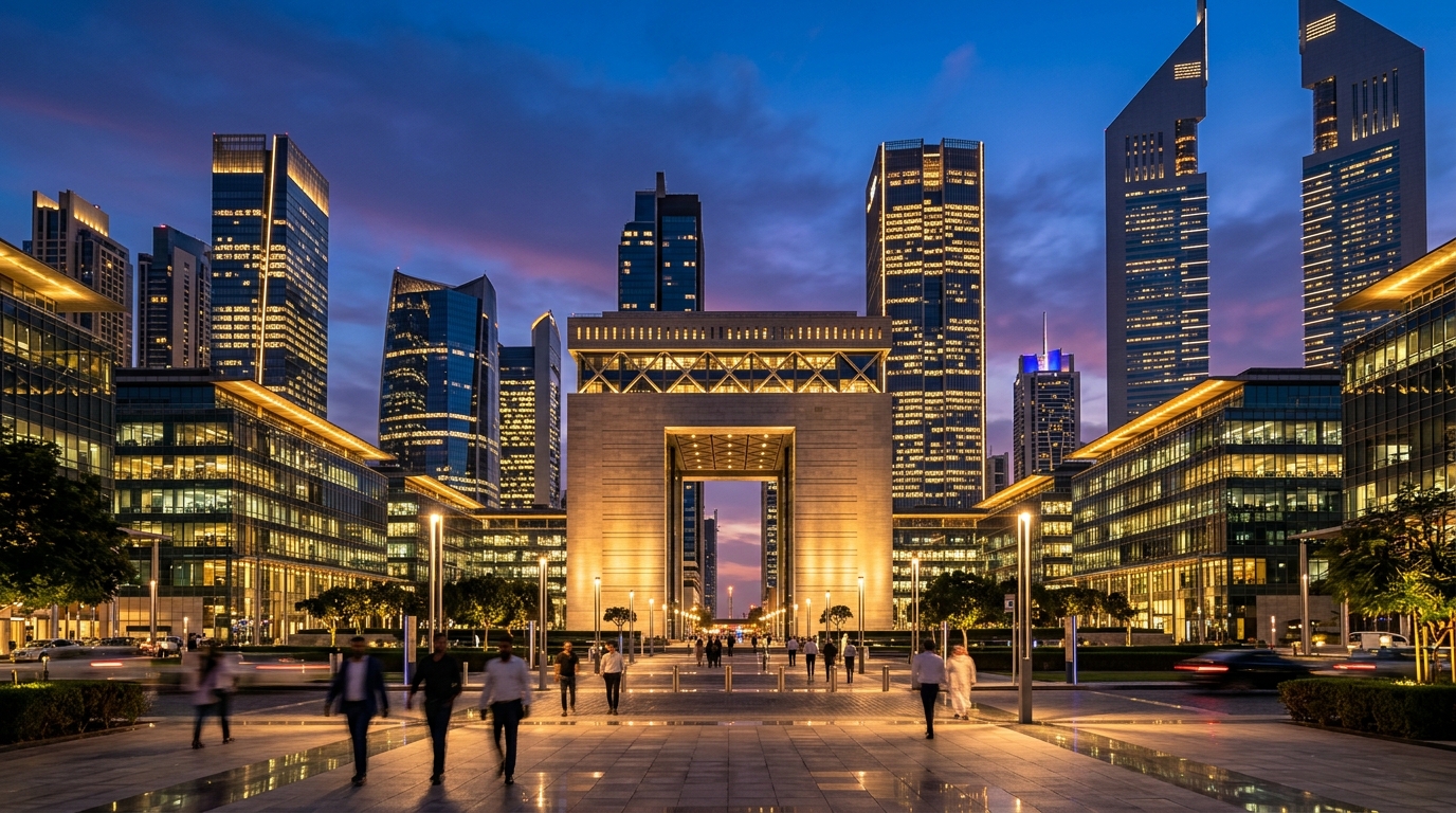 Dubai DIFC Gate building at twilight